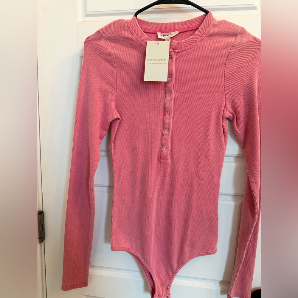 Pink Long Sleeve Henley Bodysuit- S